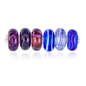 Blue Purple Murano Glass Set of 6 .925 Sterling Silver Bead Charm