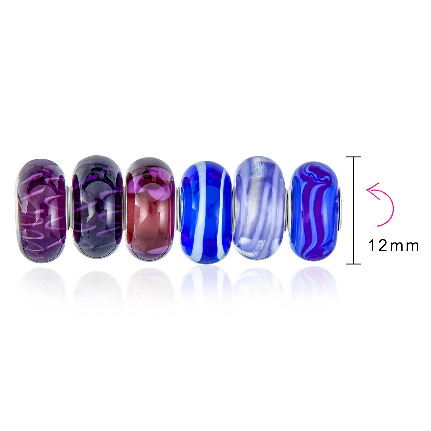 Blue Purple Murano Glass Set of 6 .925 Sterling Silver Bead Charm