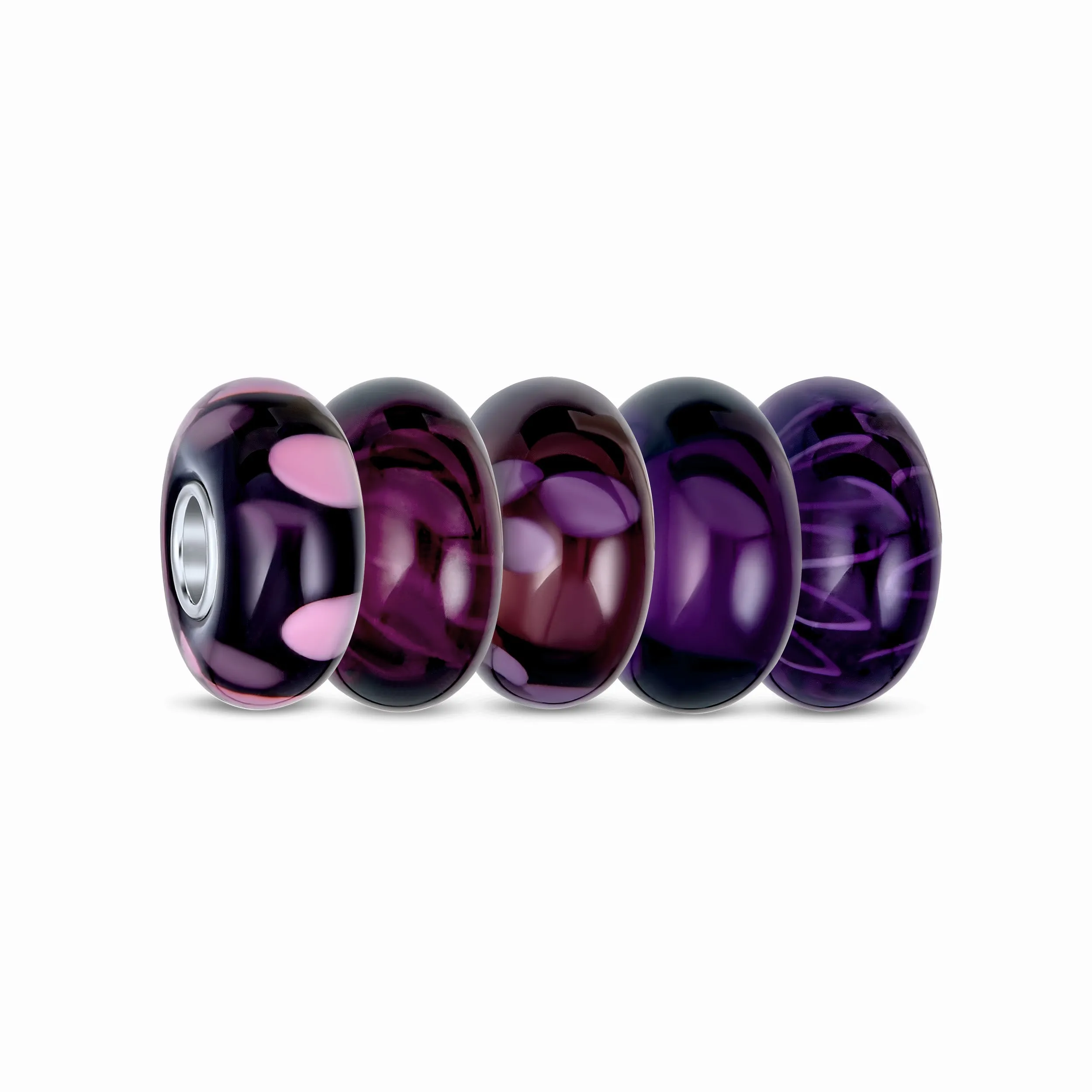 Blue Purple Murano Glass Set of 6 .925 Sterling Silver Bead Charm