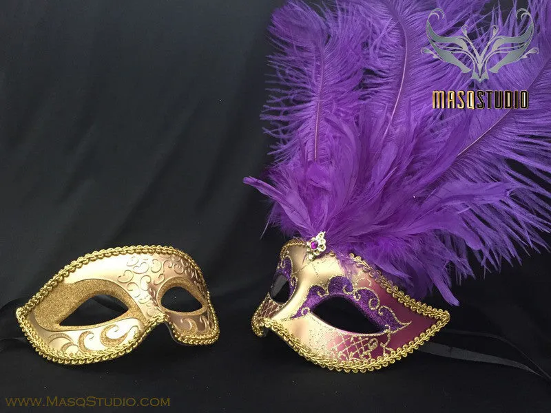 Fifty shades of Grey Couple Feather Masquerade mask Pair Purple Gold